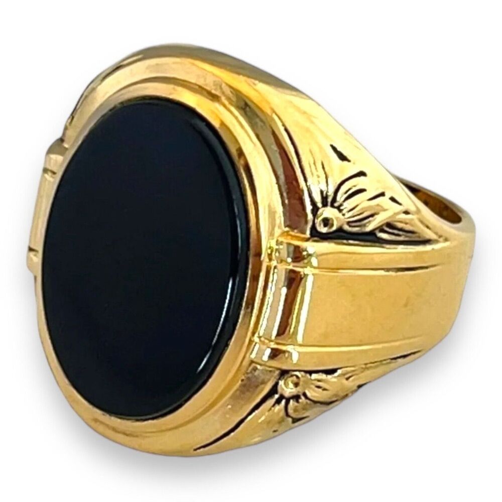 Vintage 1960s Black Onyx Ring Size 13 Clark & Coombs 18K Gold Plate - 14B